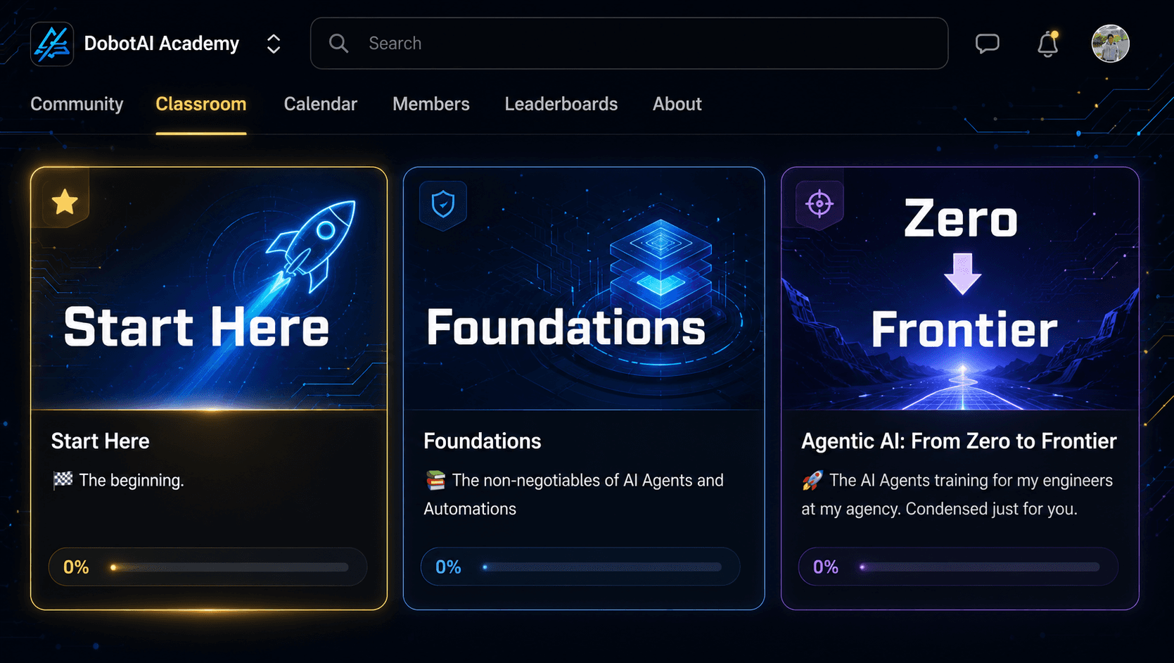 DobotAI Academy classroom — Start Here, Foundations, and Agentic AI tracks